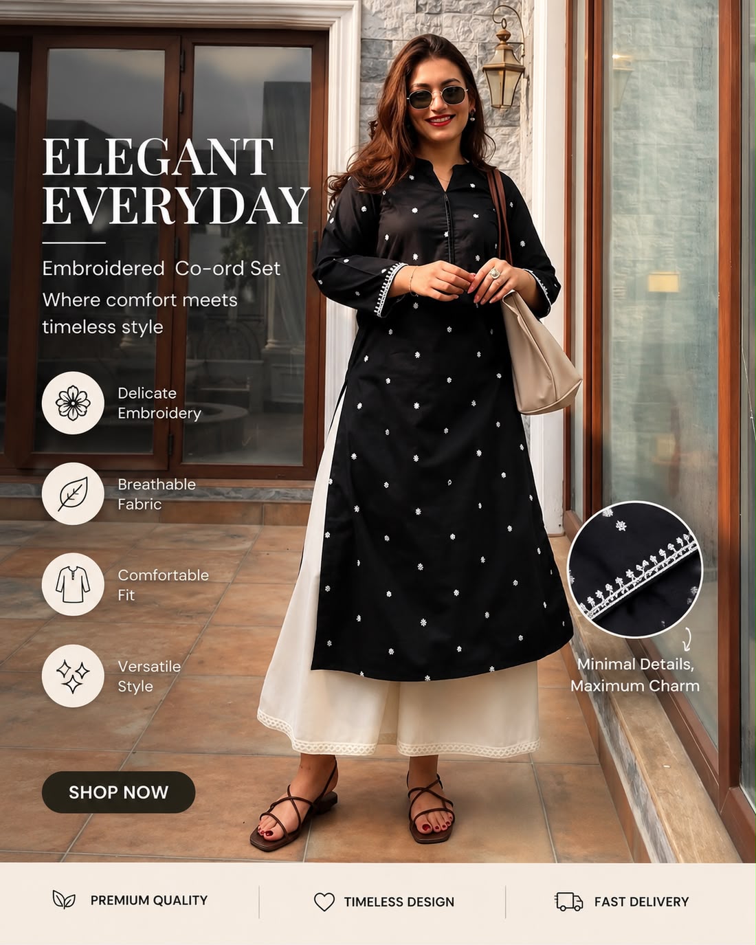 Model wearing black embroidered kurti with white palazzo