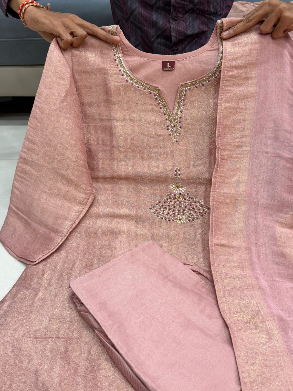 Kanjivaram Glass Tissue Suit Set - Pink variant flat lay with dupatta