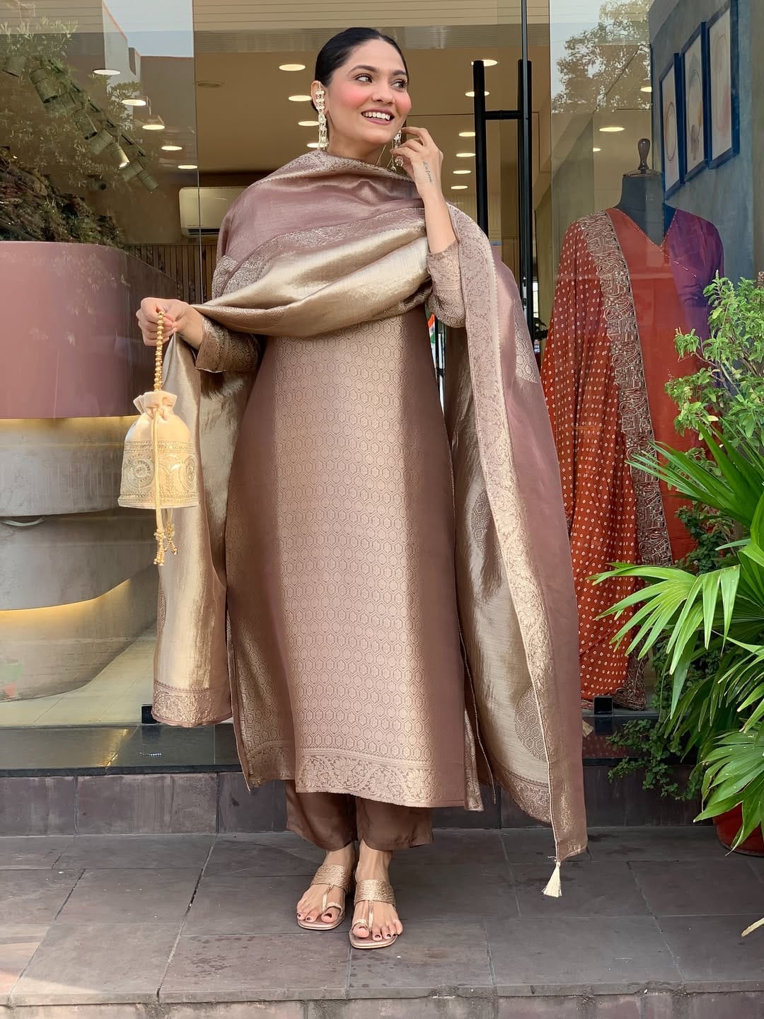 Kanjivaram Glass Tissue Suit Set - Model full length side view