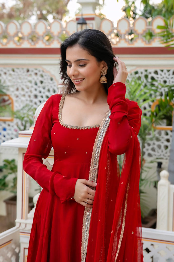 Red Anarkali Set flat lay with dupatta
