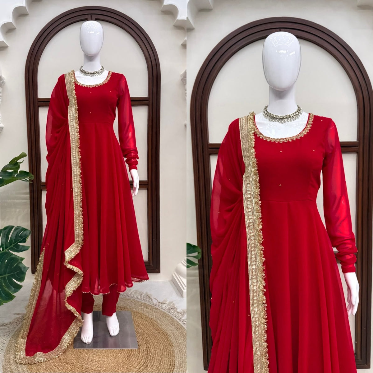 Red Anarkali Set on mannequin full view