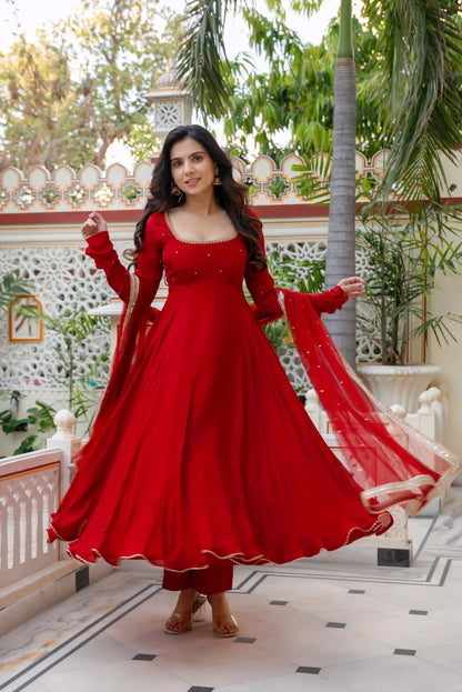 Model wearing red Anarkali Set