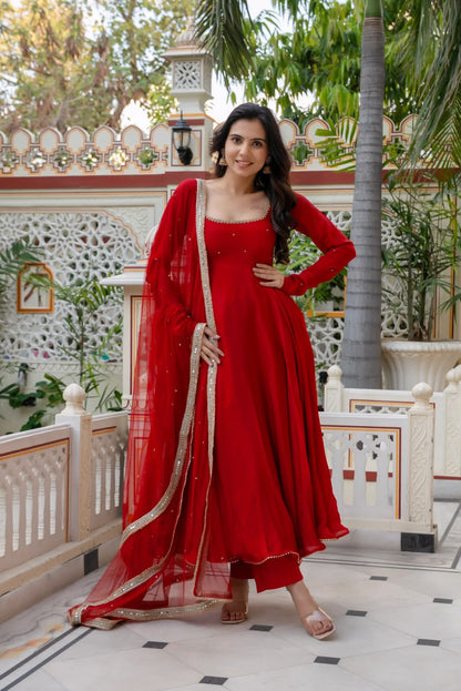 Red Anarkali kurti close up detail
