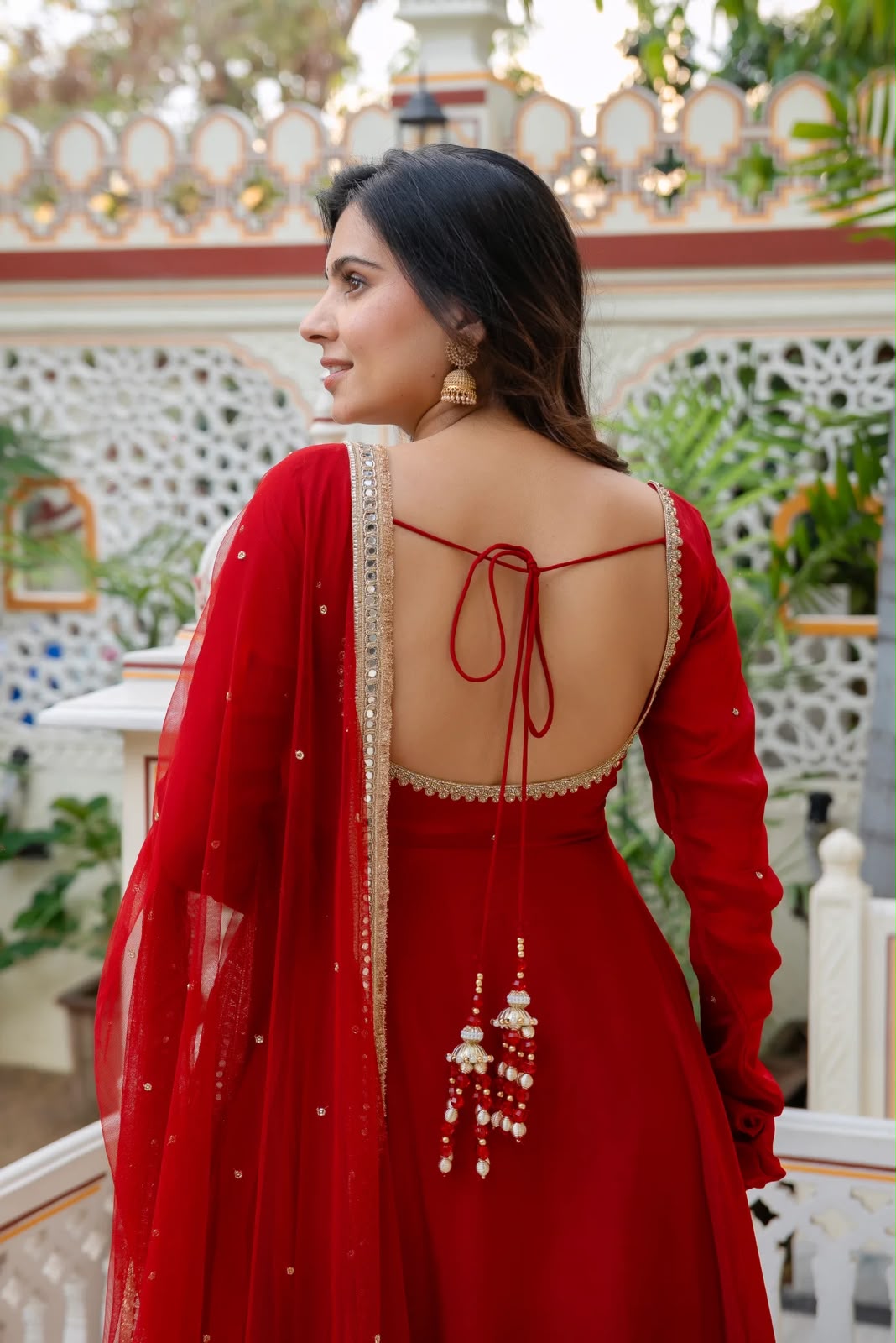Red Anarkali Set top view