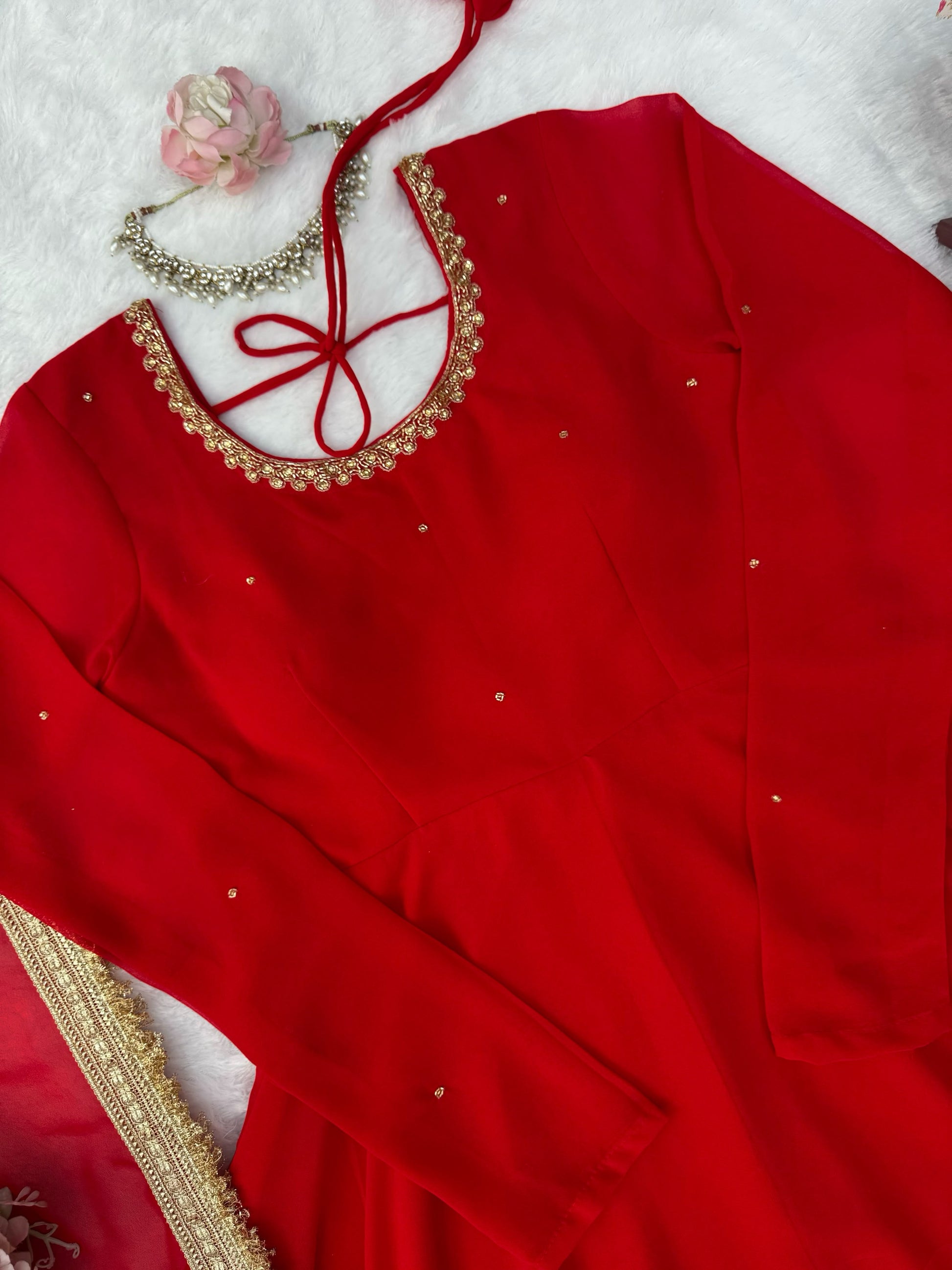 Red Anarkali Set detail shot