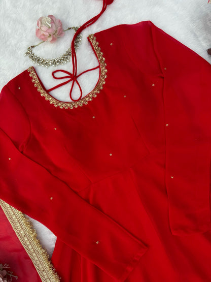 Red Anarkali Set detail shot
