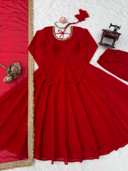 Red Anarkali Set with dupatta detail