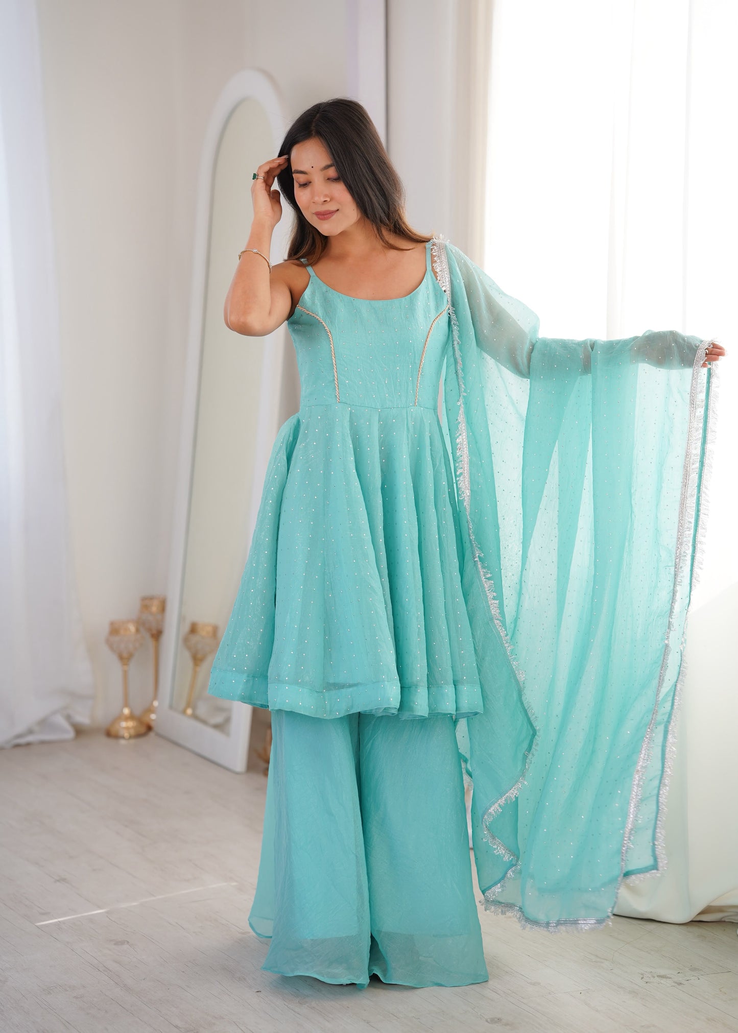 Sky Blue Sharara Suit Set - Front View