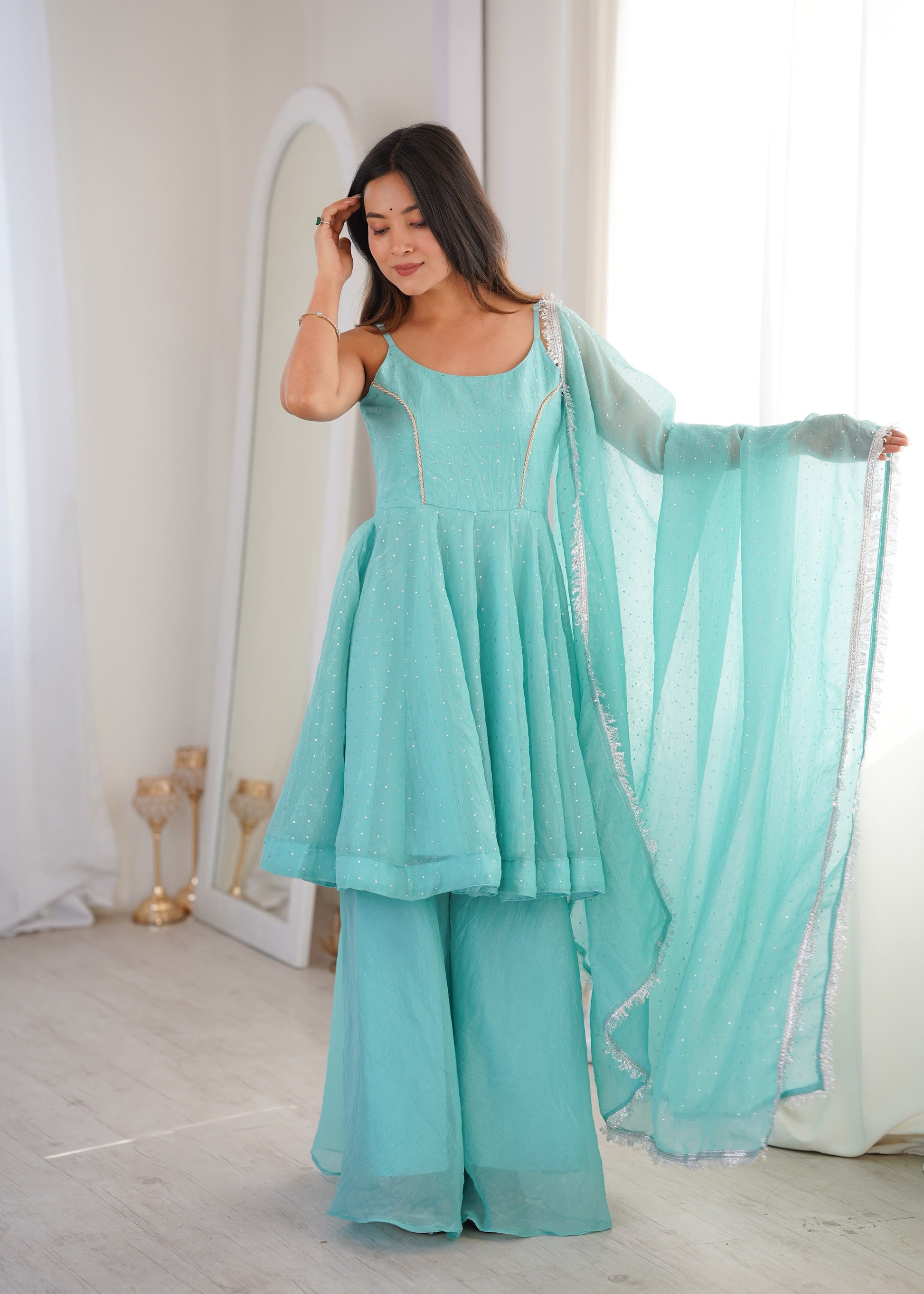 Sky Blue Sharara Suit Set - Front View