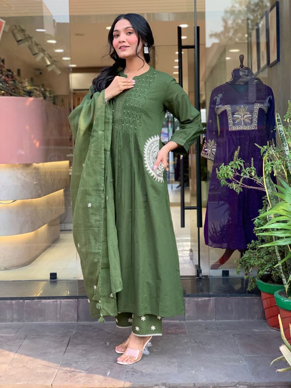 Green kurta set full length view