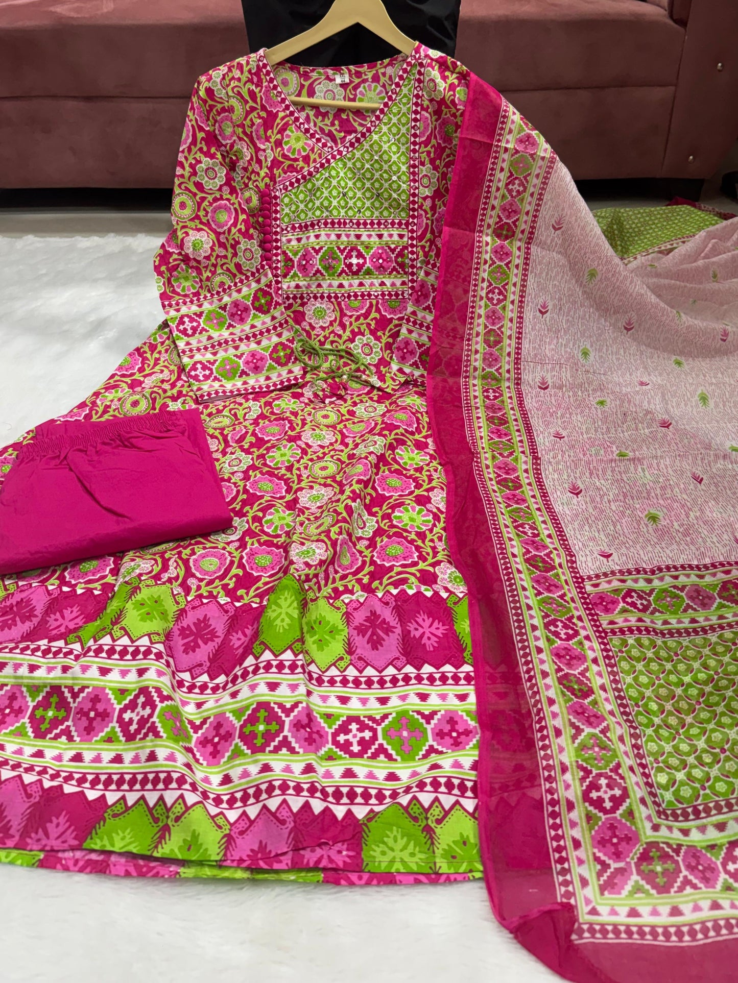 Traditional Floral Anarkali Kurta - Full set flat lay