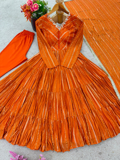 Orange Ruffle Anarkali Gown flat lay with dupatta and pant