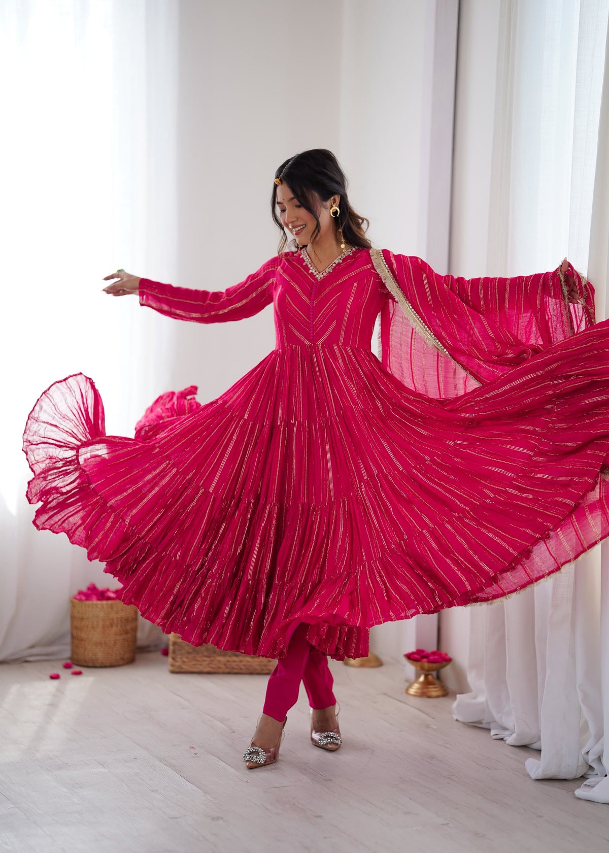 Pink Ruffle Anarkali Gown - model wearing