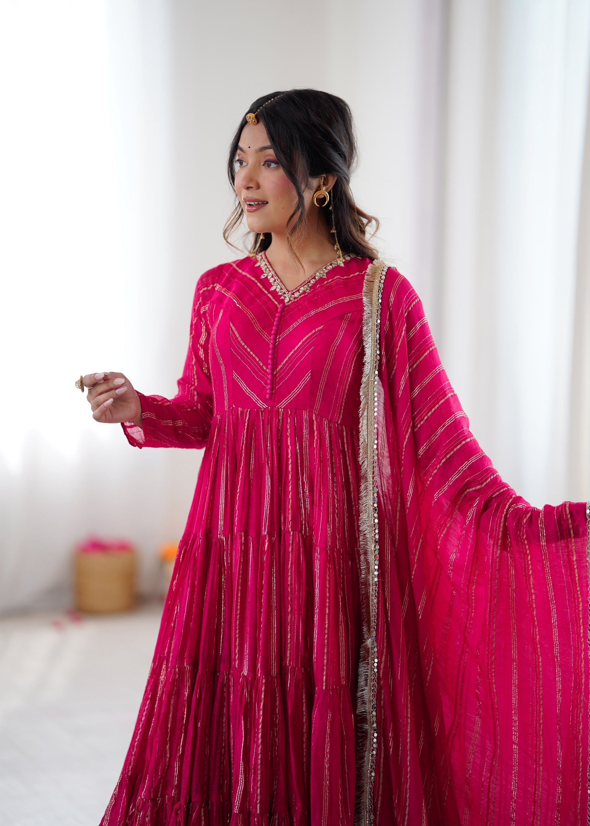 Pink Ruffle Anarkali Gown flat lay with dupatta and pant