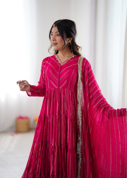 Pink Ruffle Anarkali Gown flat lay with dupatta and pant