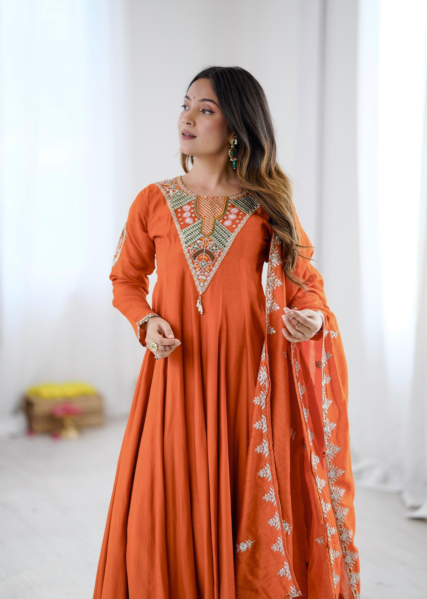 Designer Anarkali Three Piece Set - Front view on model