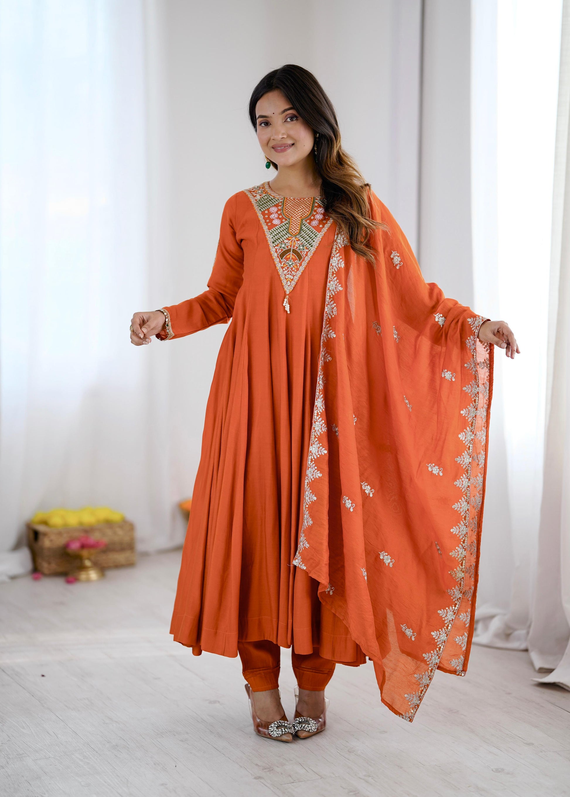 Designer Anarkali Three Piece Set - Model side view