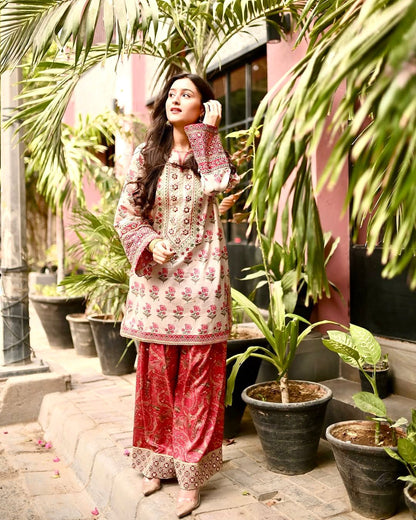 Đěsigner Party Wear Pure Natural Crepe Top & Farshi Palazzo With Dupatta set
