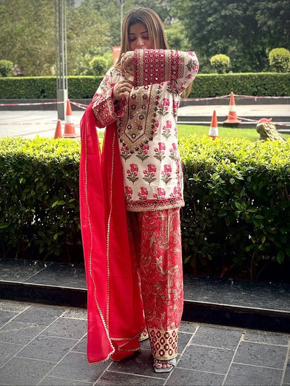 Designer Party Wear Pure Natural Crepe Top & Farshi Palazzo With Dupatta Set