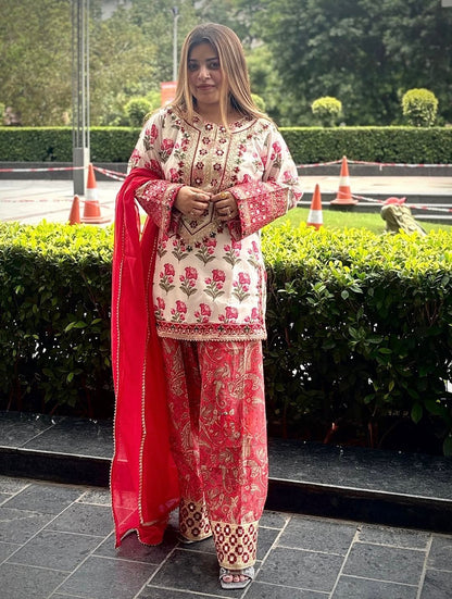 Đěsigner Party Wear Pure Natural Crepe Top & Farshi Palazzo With Dupatta set