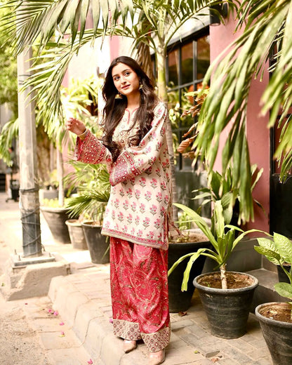 Designer Party Wear Pure Natural Crepe Top & Farshi Palazzo With Dupatta Set