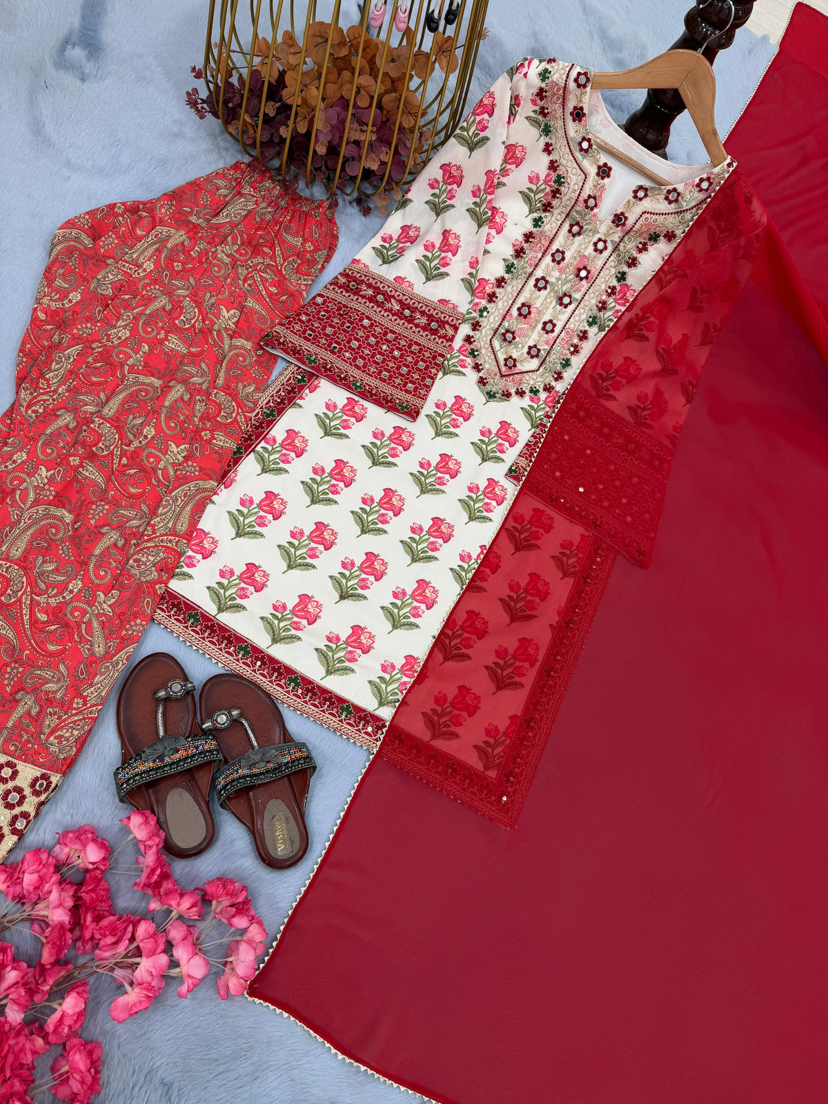 Designer Party Wear Pure Natural Crepe Top & Farshi Palazzo With Dupatta Set