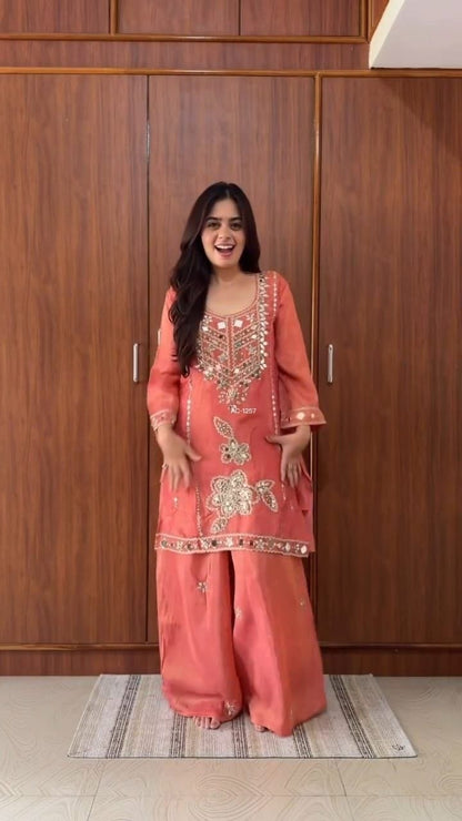 Premium Space Silk Set with Hand-Stitched Real Mirror Work