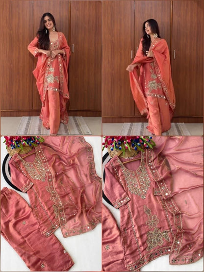 Premium Space Silk Set with Hand-Stitched Real Mirror Work