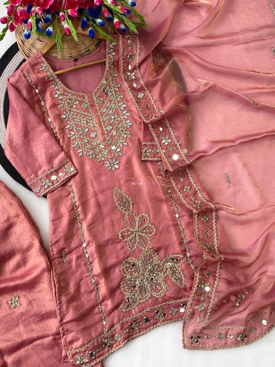 Premium Space Silk Set with Hand-Stitched Real Mirror Work