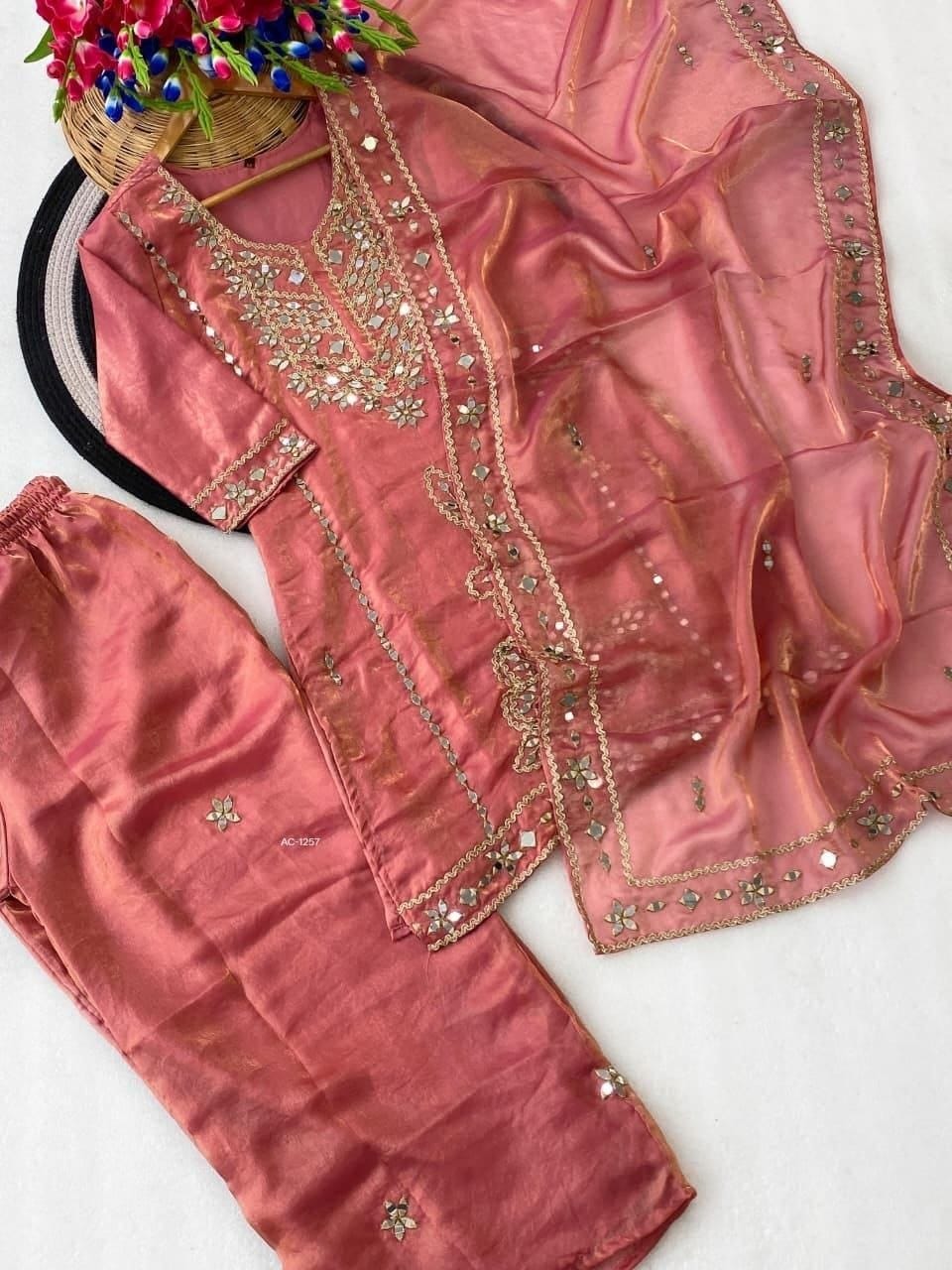 Premium Space Silk Set with Hand-Stitched Real Mirror Work