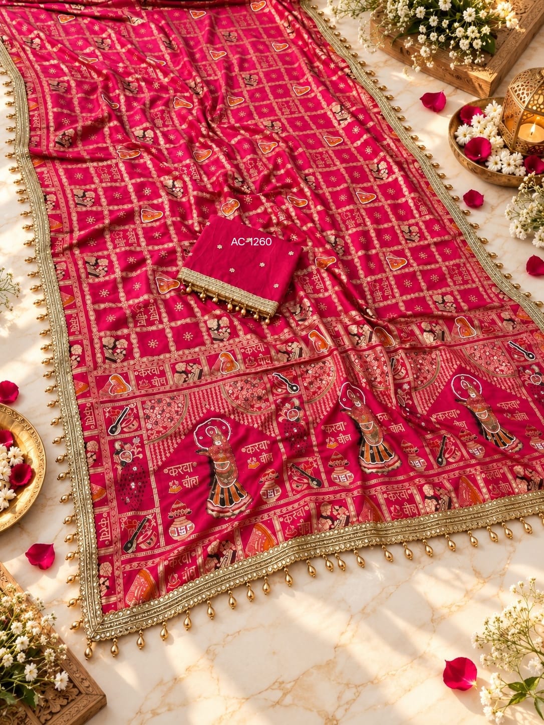 Karwa Chauth Special Rich Dola Viscose Saree with Meena, Khalti Handwork & Mirror Work