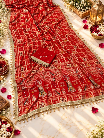 Karwa Chauth Special Rich Dola Viscose Saree with Meena, Khalti Handwork & Mirror Work