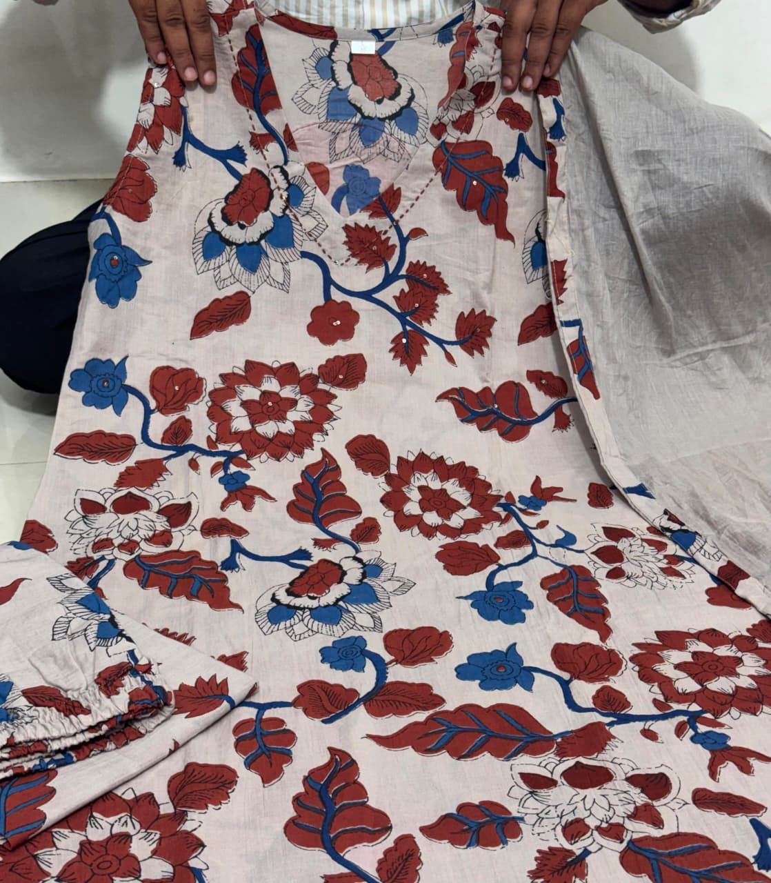 Kalyara Kalamkari A-Line Suit Set with Mul Cotton Dupatta