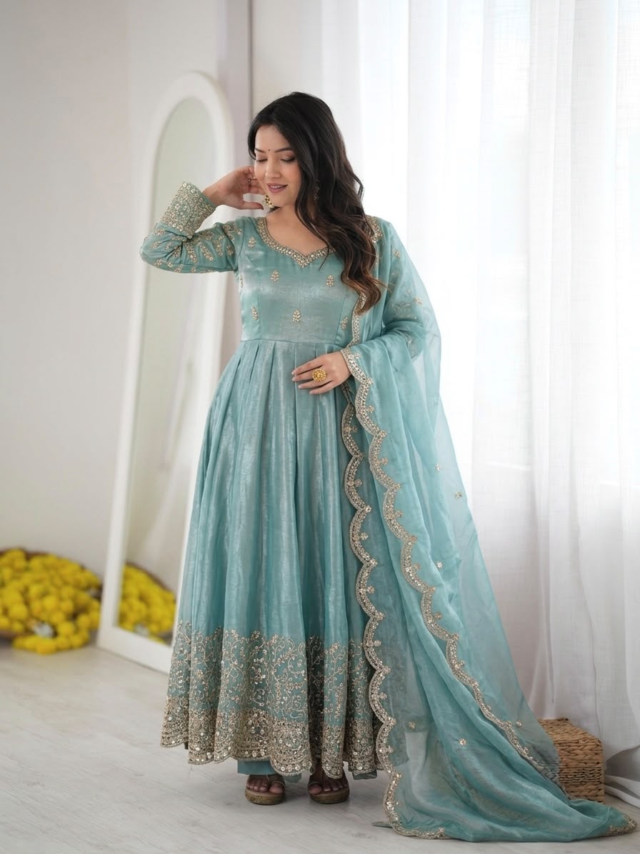 Teal Fendy Silk Embroidery Anarkali Gown with Dupatta