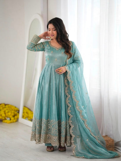 Teal Fendy Silk Embroidery Anarkali Gown with Dupatta