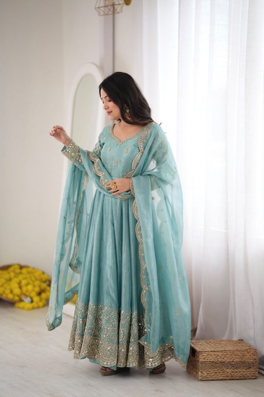 Teal Fendy Silk Embroidery Anarkali Gown with Dupatta