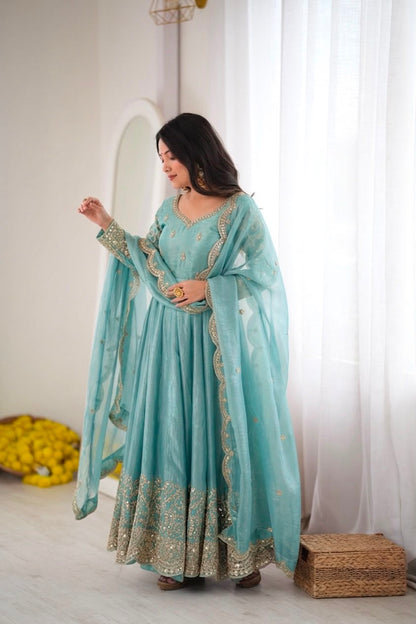 Teal Fendy Silk Embroidery Anarkali Gown with Dupatta