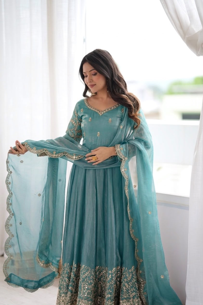 Teal Fendy Silk Embroidery Anarkali Gown with Dupatta