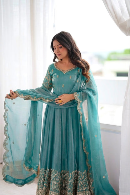 Teal Fendy Silk Embroidery Anarkali Gown with Dupatta