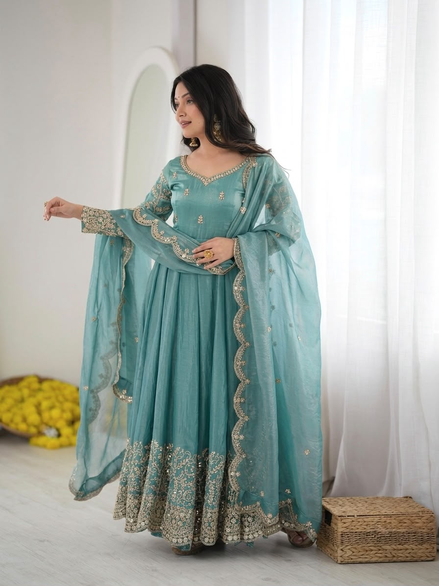 Teal Fendy Silk Embroidery Anarkali Gown with Dupatta