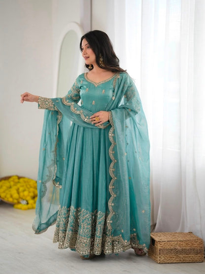 Teal Fendy Silk Embroidery Anarkali Gown with Dupatta