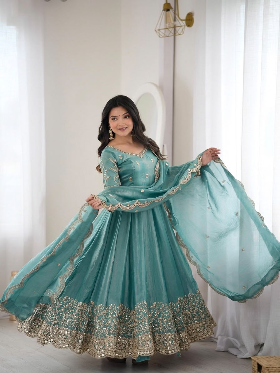 Teal Fendy Silk Embroidery Anarkali Gown with Dupatta