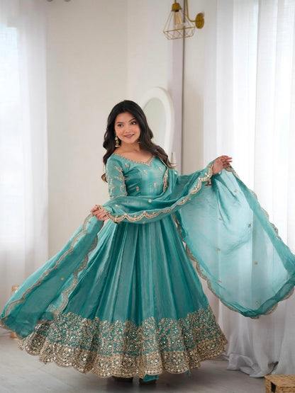 Teal Fendy Silk Embroidery Anarkali Gown with Dupatta