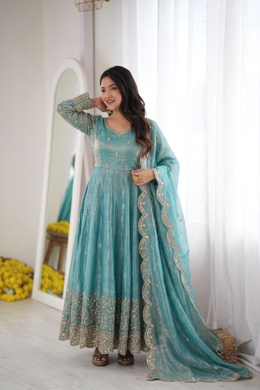 Teal Fendy Silk Embroidery Anarkali Gown with Dupatta