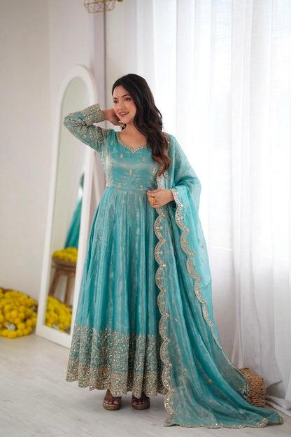 Teal Fendy Silk Embroidery Anarkali Gown with Dupatta