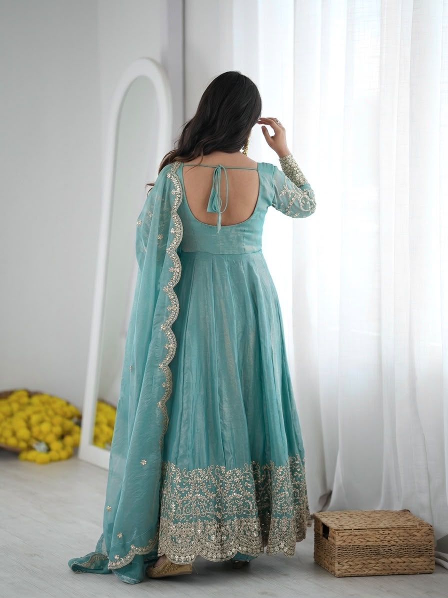 Teal Fendy Silk Embroidery Anarkali Gown with Dupatta