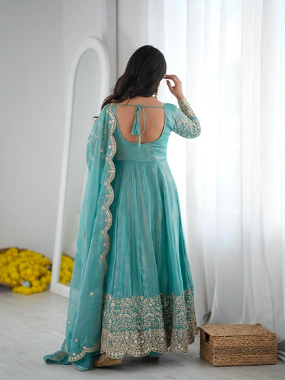 Teal Fendy Silk Embroidery Anarkali Gown with Dupatta