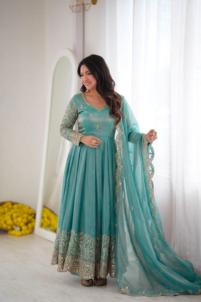 Teal Fendy Silk Embroidery Anarkali Gown with Dupatta