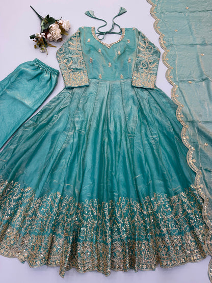 Teal Fendy Silk Embroidery Anarkali Gown with Dupatta