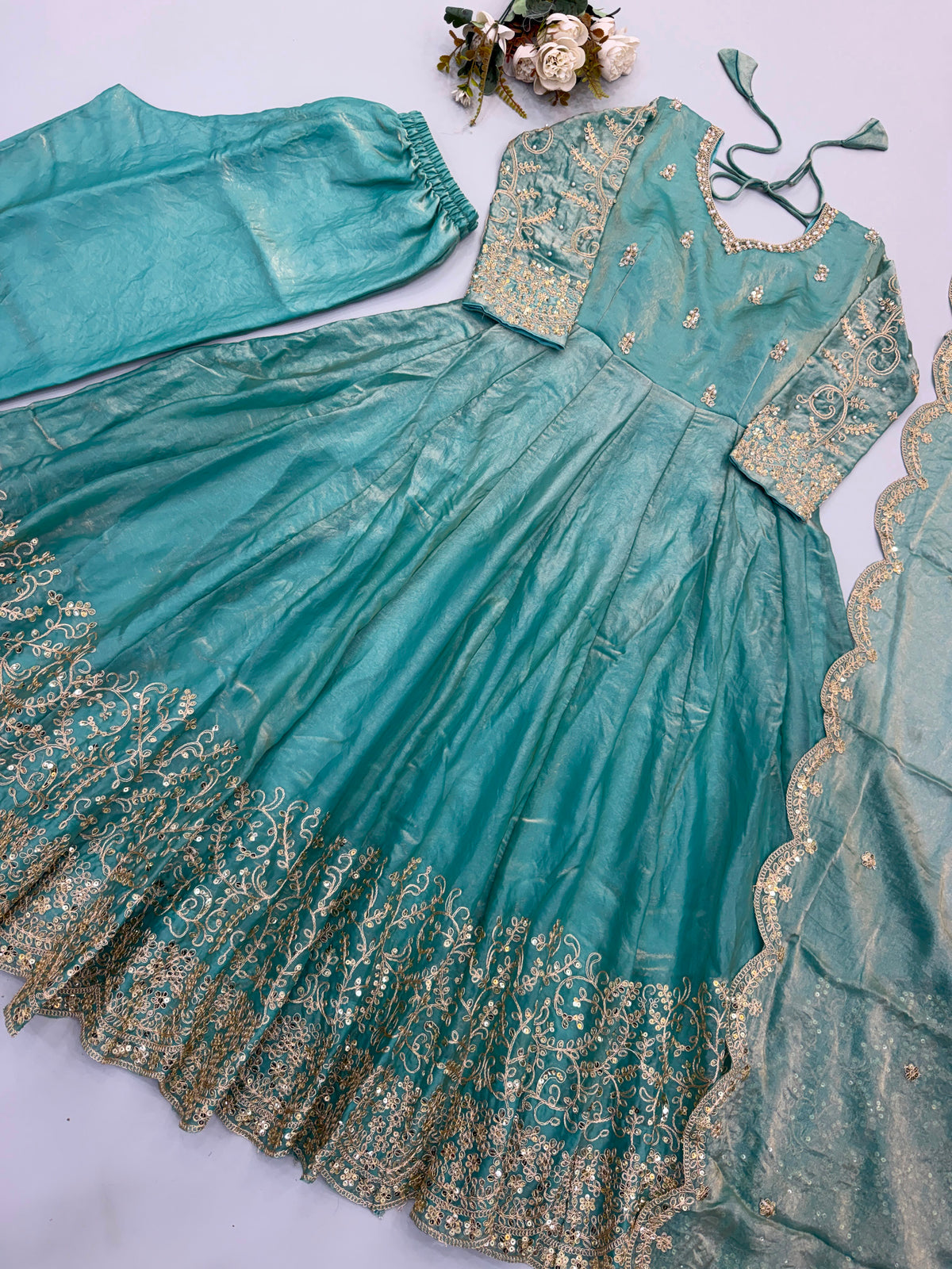 Teal Fendy Silk Embroidery Anarkali Gown with Dupatta